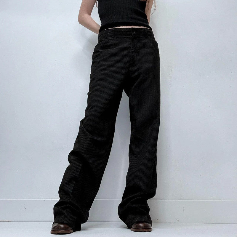 black pinstriped flared trousers