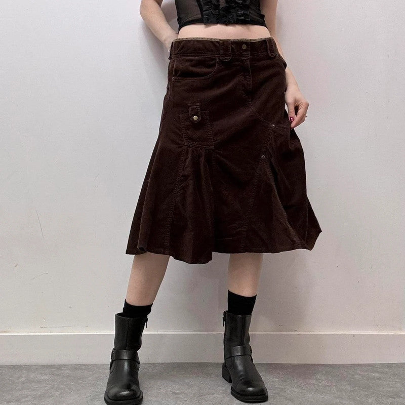 brown cord cargo midi skirt