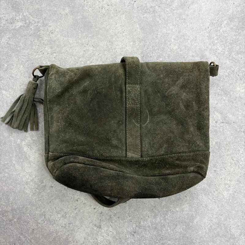 Khaki green suede leather tassel tote bag