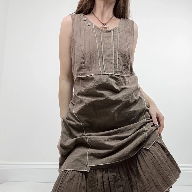 tan crinkle pleated midi dress