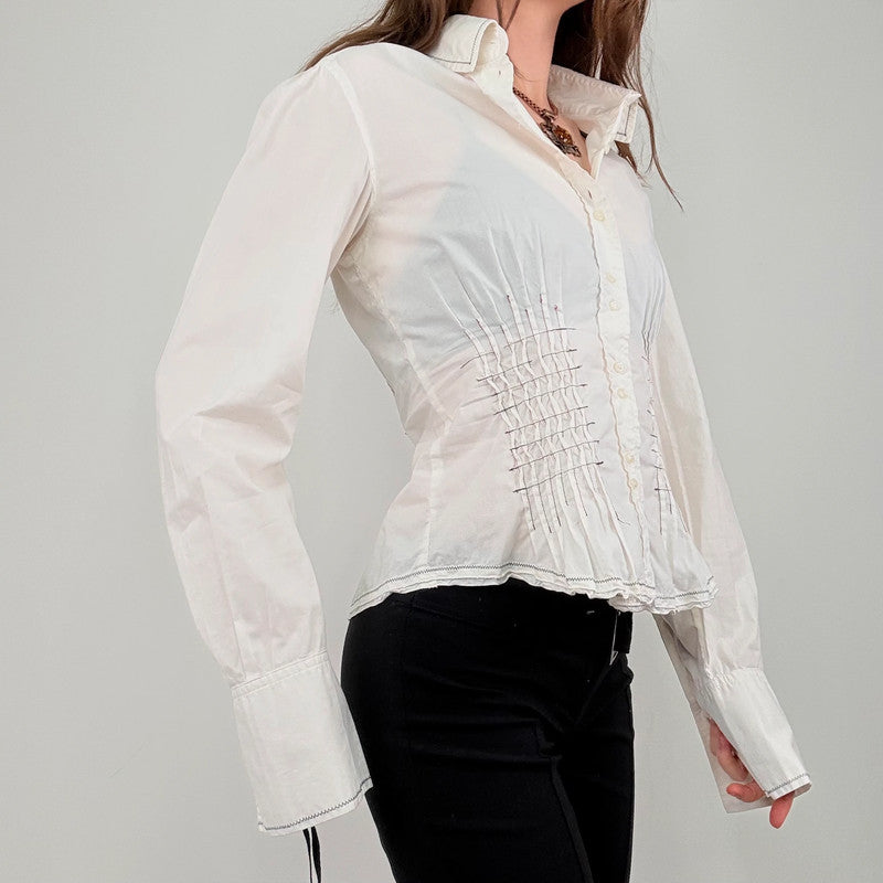 white cinched pleated flared shirt
