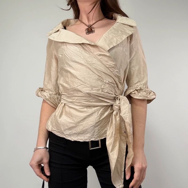 gathered crinkle silk structured wrap shirt