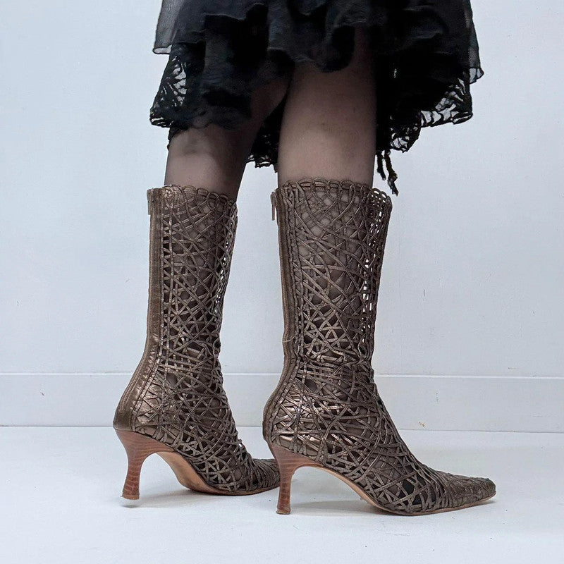 woven sheer lace leather heel boots
