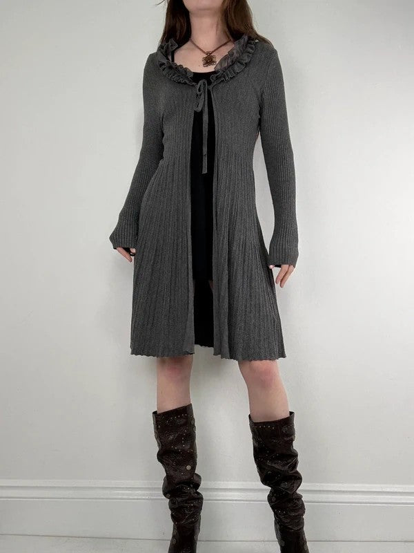 ribbed knit flutter grey long ruffle cardigan