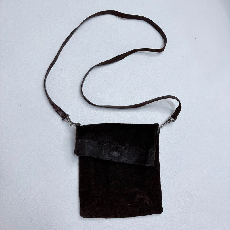 dark brown suede asymmetric fold over crossbody bag