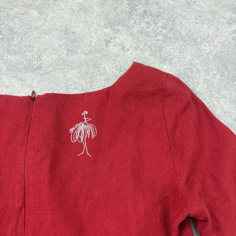 red linen flared fitted slit blouse top