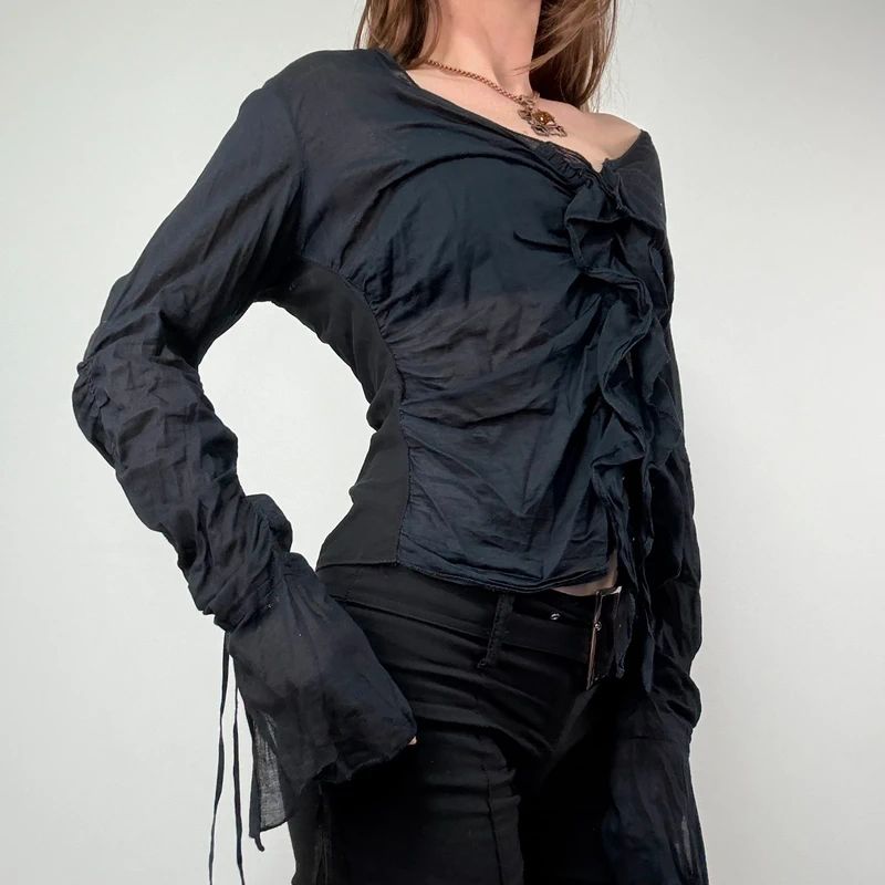 black ruffle hook and eye grunge flutter shirt