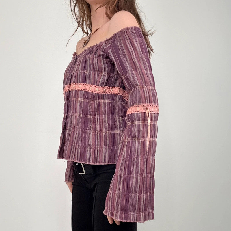 tartan off the shoulder gathered cotton shirt