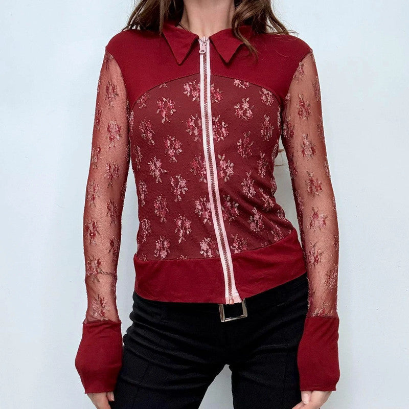 red lace sheer embroidered shirt