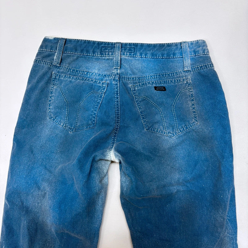 low-rise distressed blue crinkle jeans