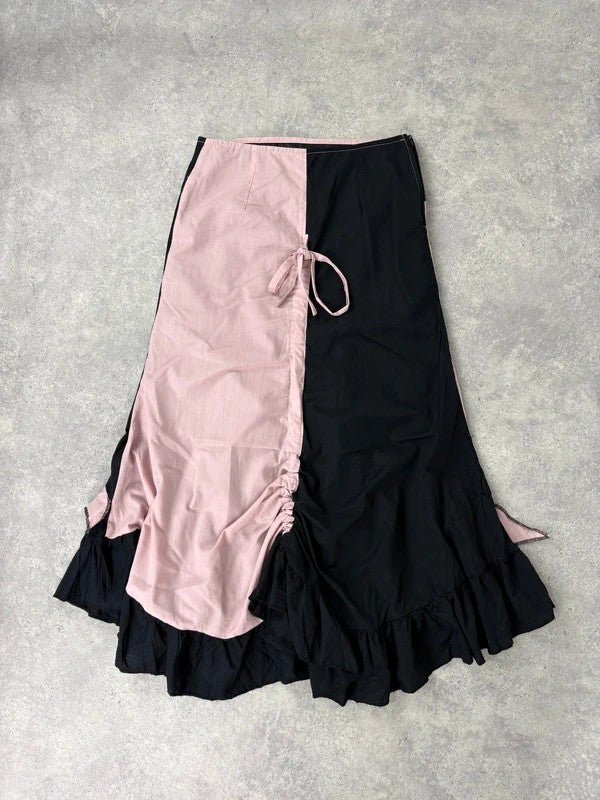 pink and navy gathered asymmetric flared maxi skirt