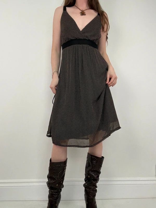 black polkadot flared midi dress