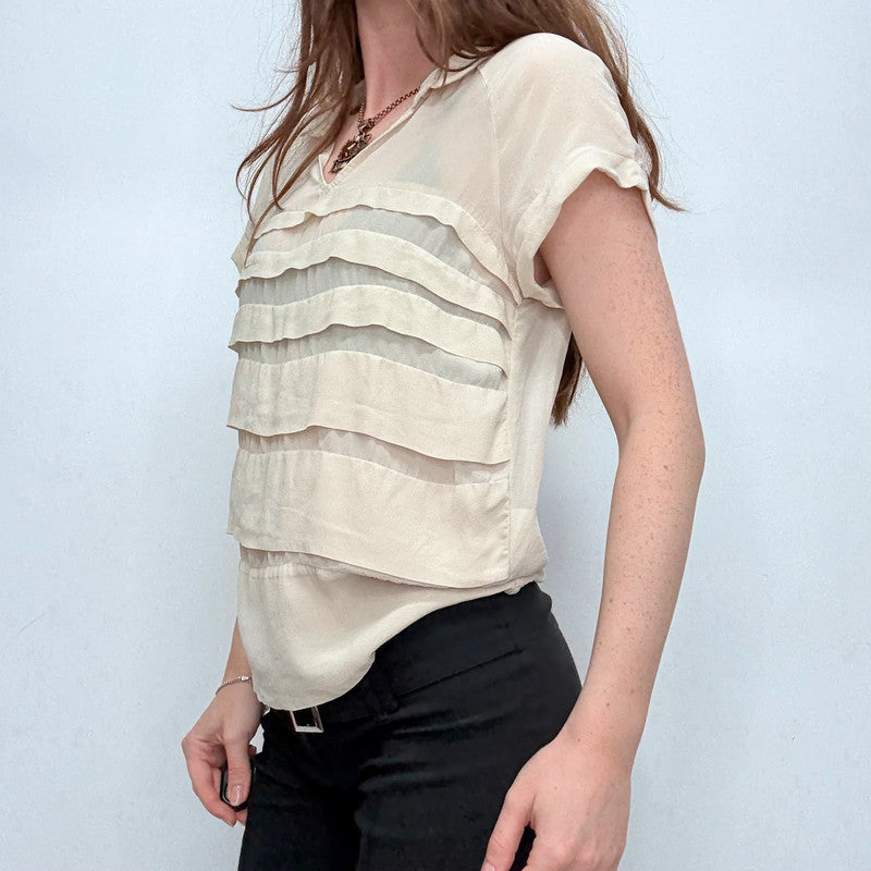 cream silk layered flutter blouse
