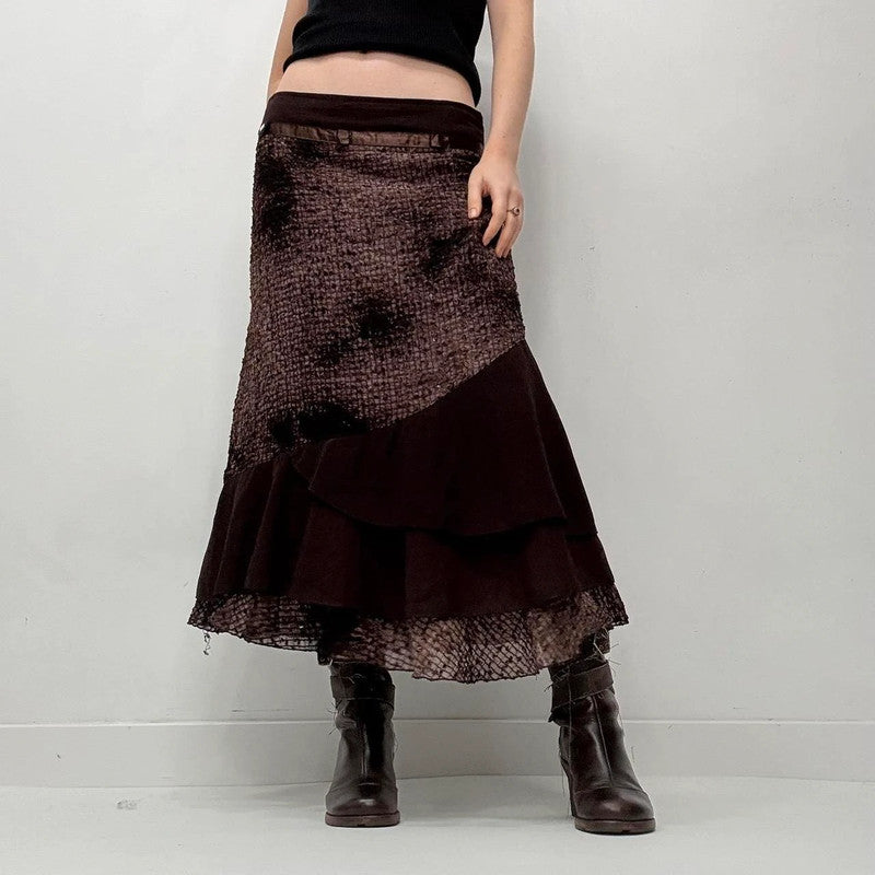 brown distressed textured layered maxi skirt