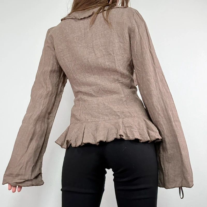 brown linen flared fitted ruffle shirt