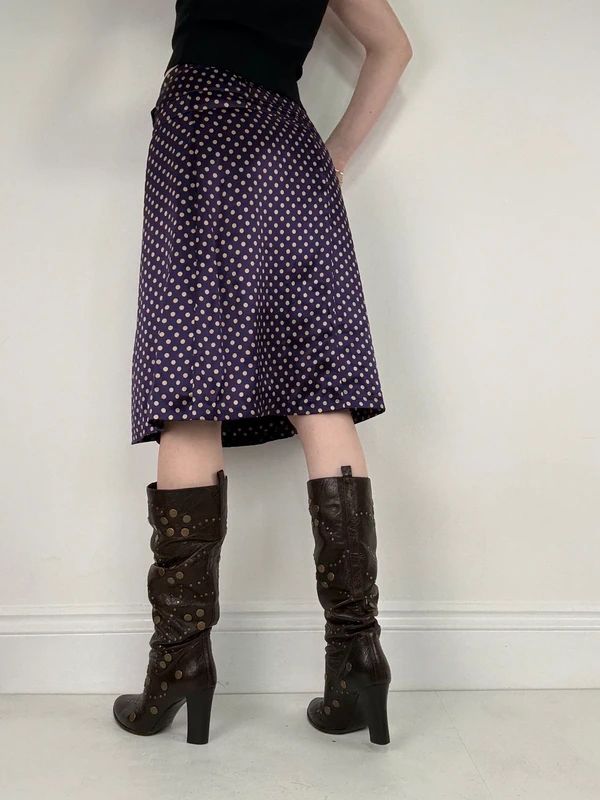 pleated silk polkadot flared midi skirt
