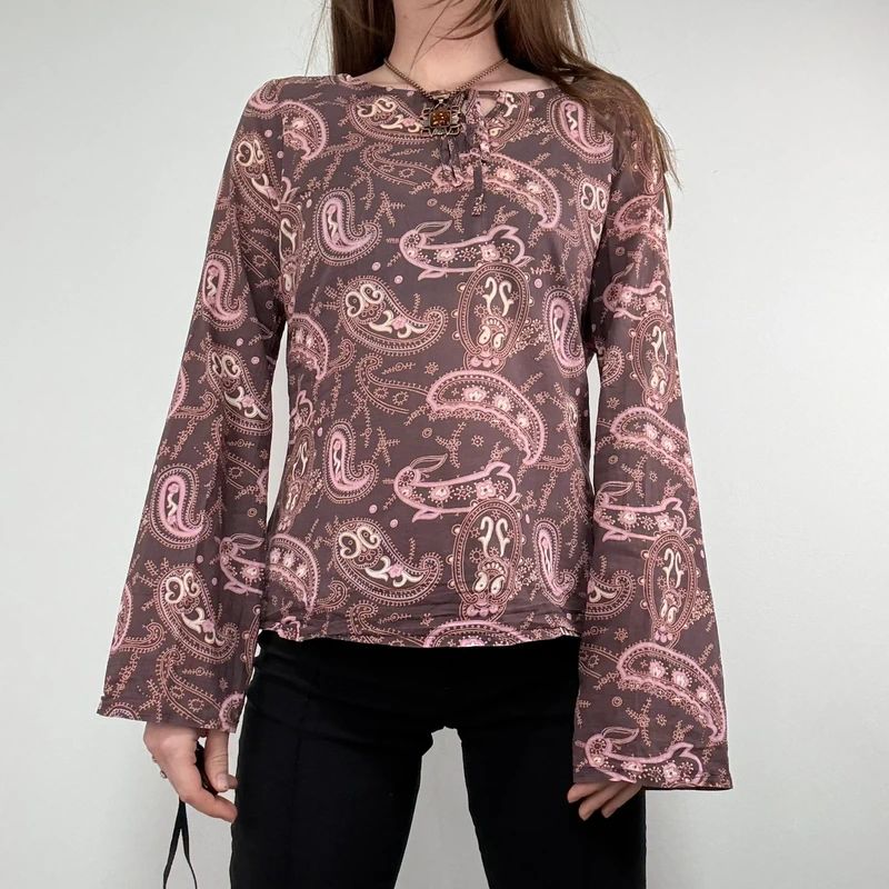 brown and pink paisley flared cotton boho shirt