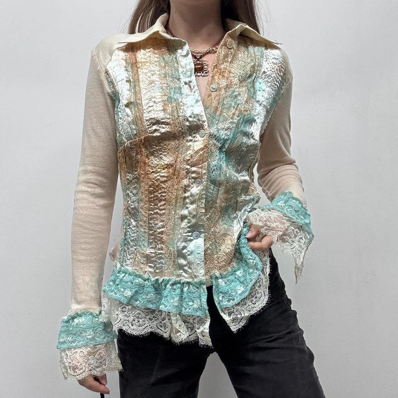 lace flared satin ruffle shirt