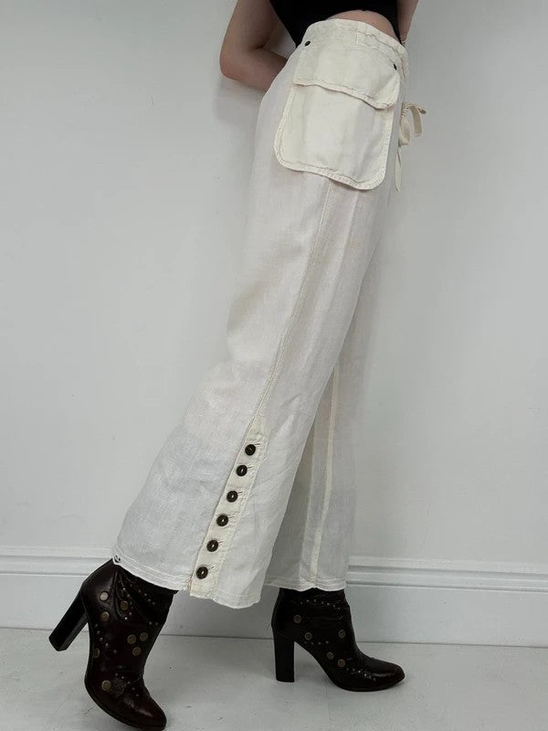 white linen flared utility button trousers