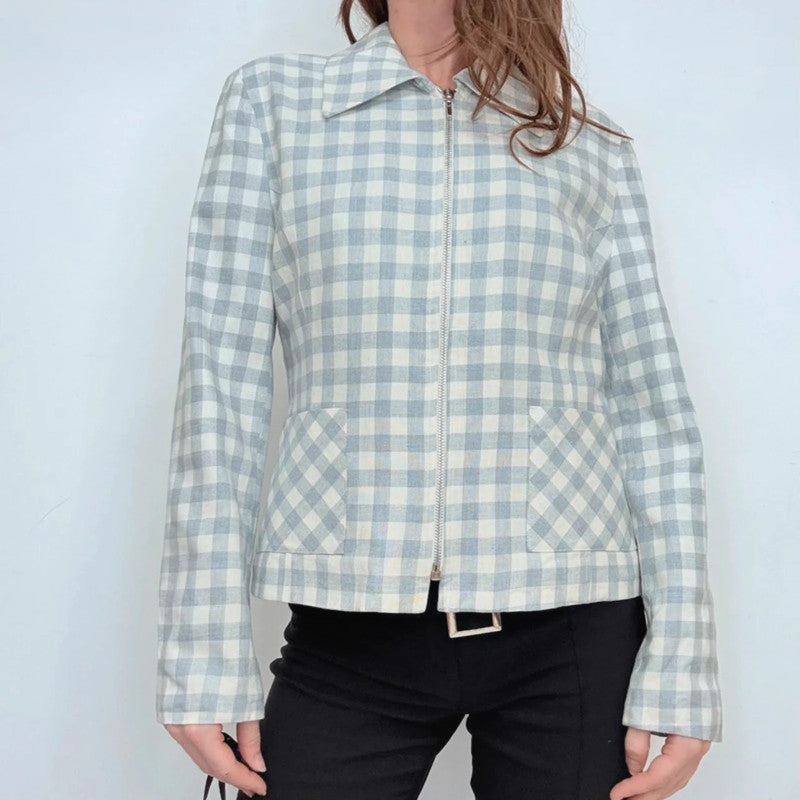 boxy blue and white gingham cropped linen zip-up jacket