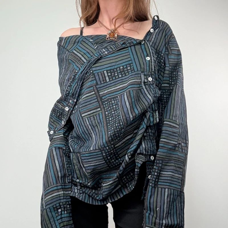 Asymmetric fold over draped checked pinstripe Shirt