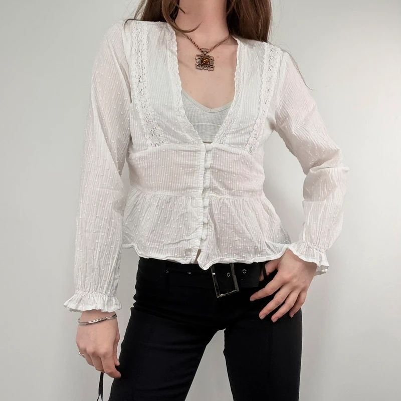 white cotton flared embroidered lace blouse