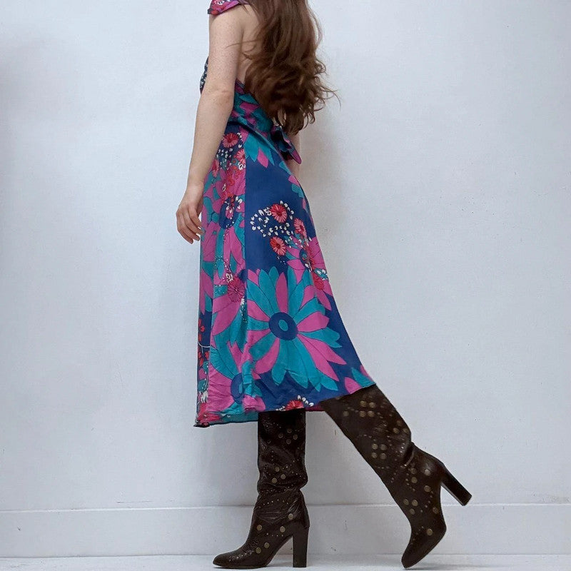 graphic flared silk summer floral dress