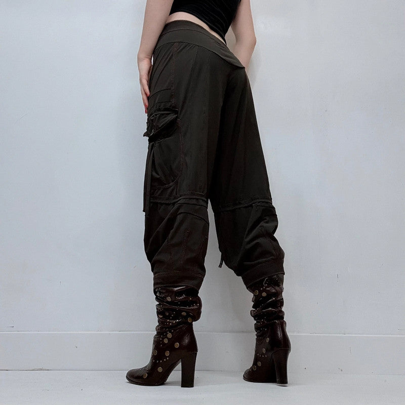 gathered pleated brown low rise grunge utility trousers