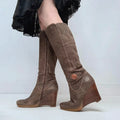 Brown leather wedge knee high boots
