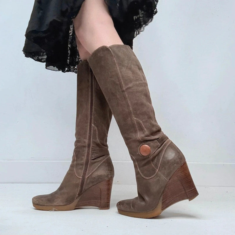 Brown leather wedge knee high boots
