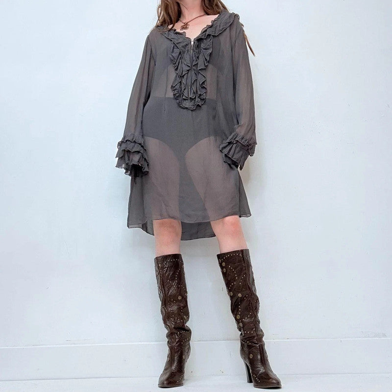 sheer ruffle flutter regency silk dress