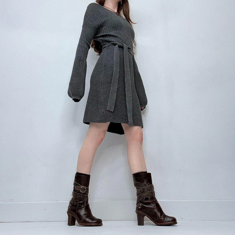 grey slash neck flared puff sleeve midi dress