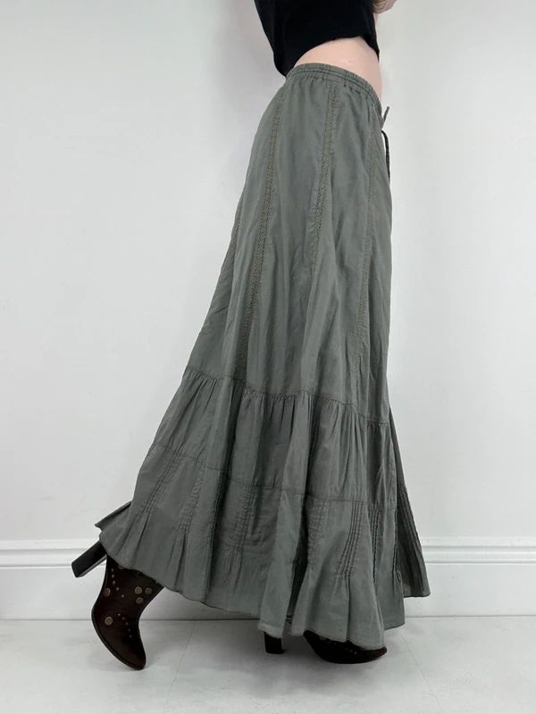 Monsoon khaki cotton flared maxi skirt