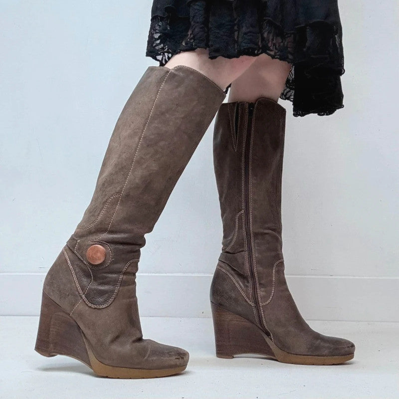Brown leather wedge knee high boots