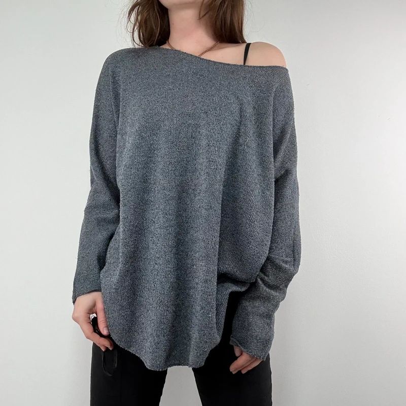 grey henley button detailed slouchy off the shoulder t-shirt