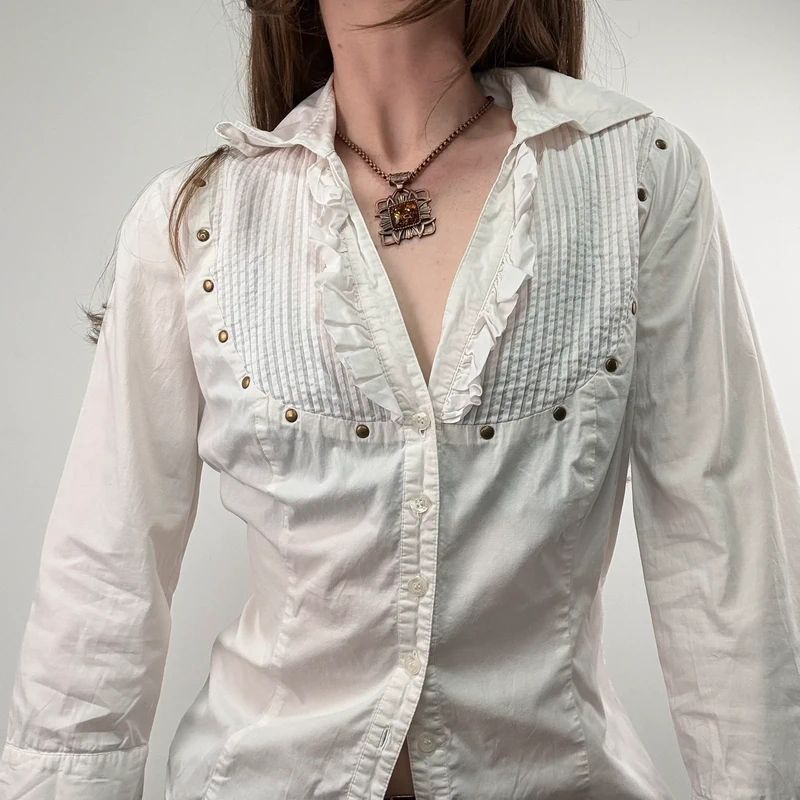 white pleated studded cotton napoleonic Morgan shirt