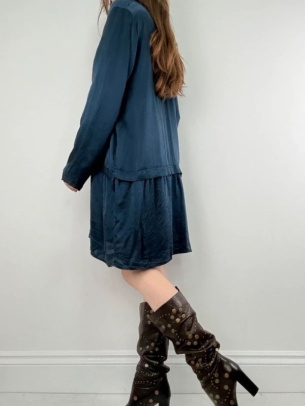 navy silk drop waist long sleeve shirt dress