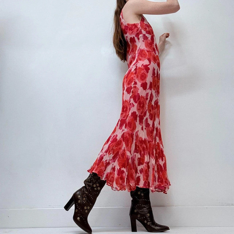 red floral rose silk bias cut maxi dress
