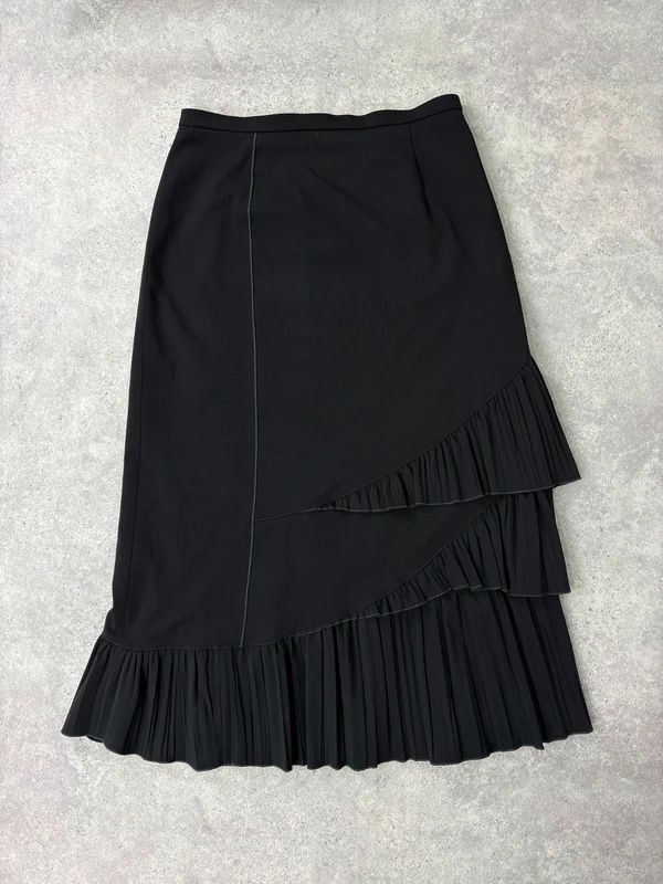 black asymmetric pleated ruffle maxi skirt