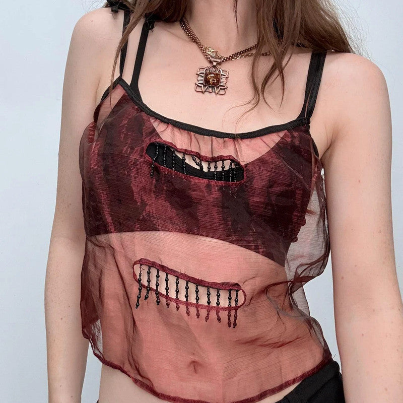 sheer red beaded tassel fray vest