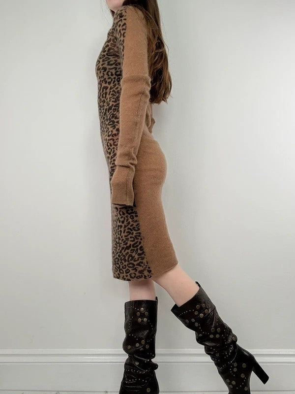 sheer knit long sleeve slouchy leopard printed dress