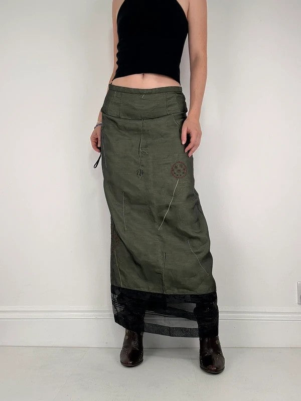 Green embroidered layered a-line maxi skirt