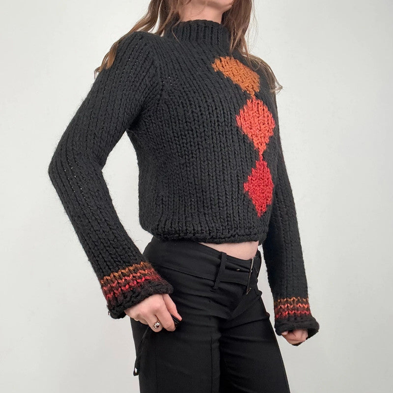 black cropped chunky knit argyle jumper