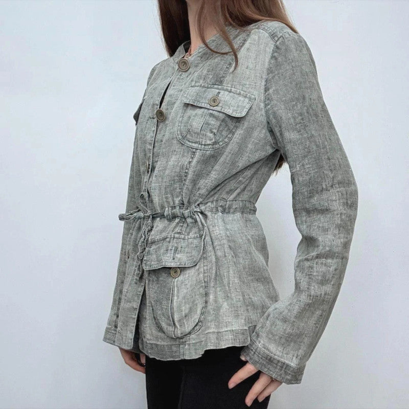 grey linen distressed cinched cargo shirt