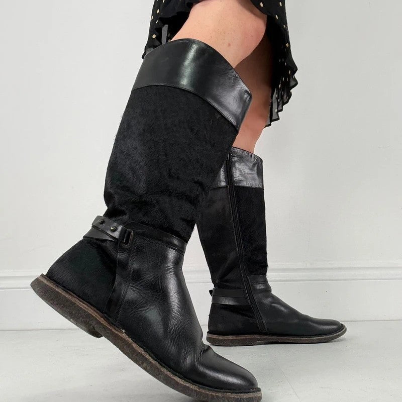 Black leather cowhide pony skin knee high boots
