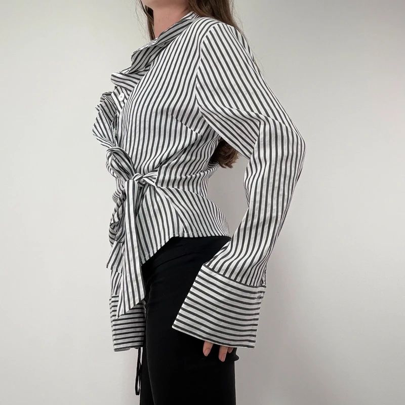Asymmetric Pinstripe Wrap Ruffle Shirt