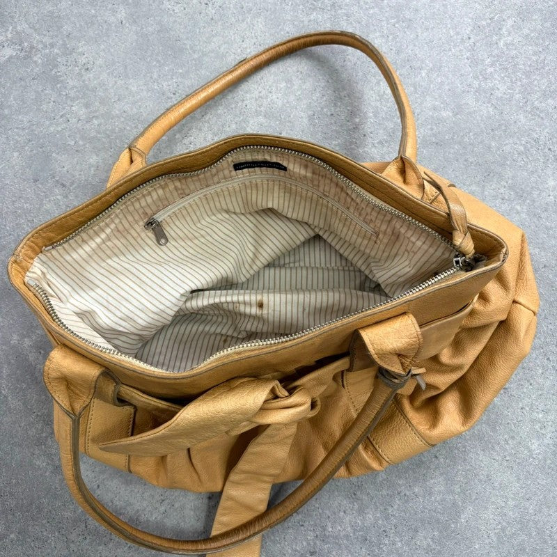 Cream yellow leather knot pleated handbag