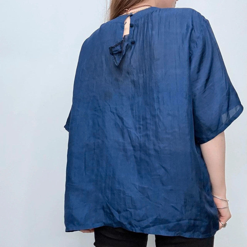 blue silk slouchy top blouse