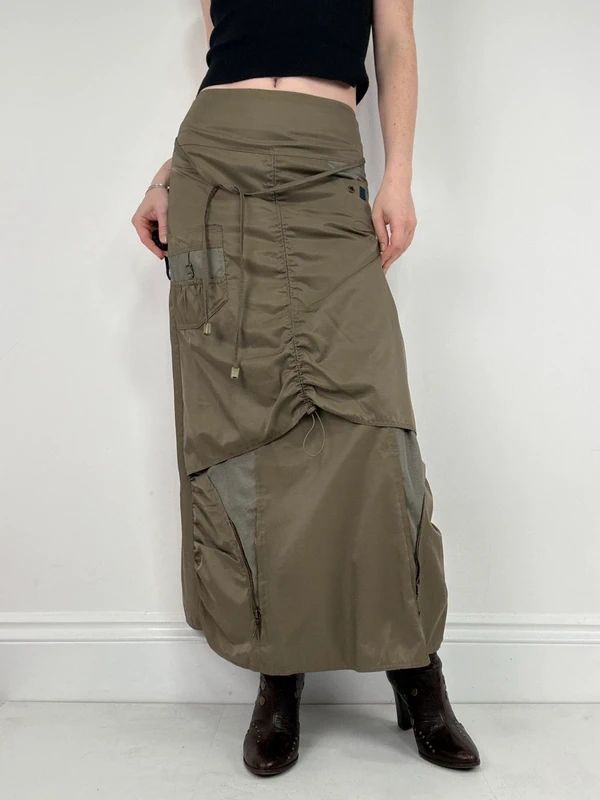 khaki utility gathered maxi skirt