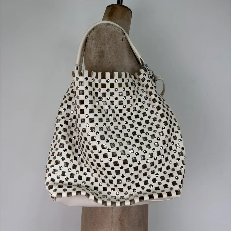 Studded faux-leather woven glitter hobo bag